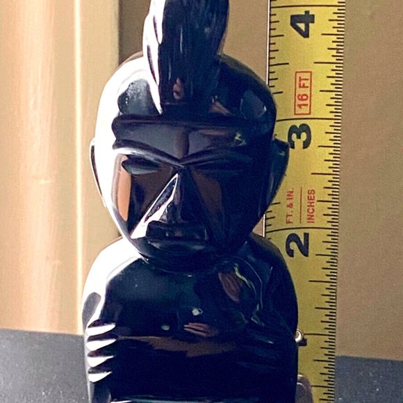 Aztec Black Onyx Gold Mayan Obsidian Carved Statue Stone Sitting Tiki Figure - Picture 13 of 13